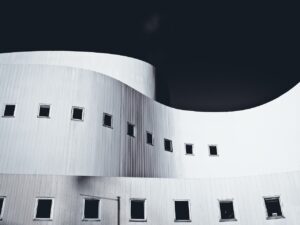 A beautifully unsquare building shows a curvey skyline in black and white.