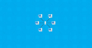 A small network diagram of 6 computers connected to a central computer on a wavy blue background.