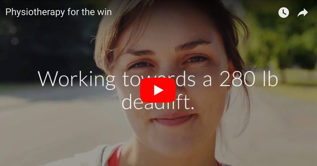 A woman looks into the camera and the text says: "Working towards a 280lb deadlift."