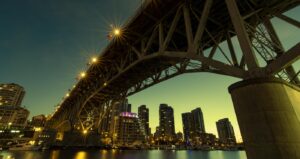 A bridge from Granville island in Vancouver as sign in twilight.