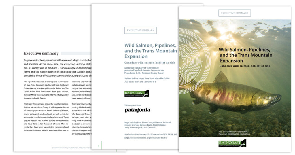 Feature: A cover and two inside pages are shown of the Raincoast Report: Wild Salmon, Pipelines, and the Trans Mountain Expansion