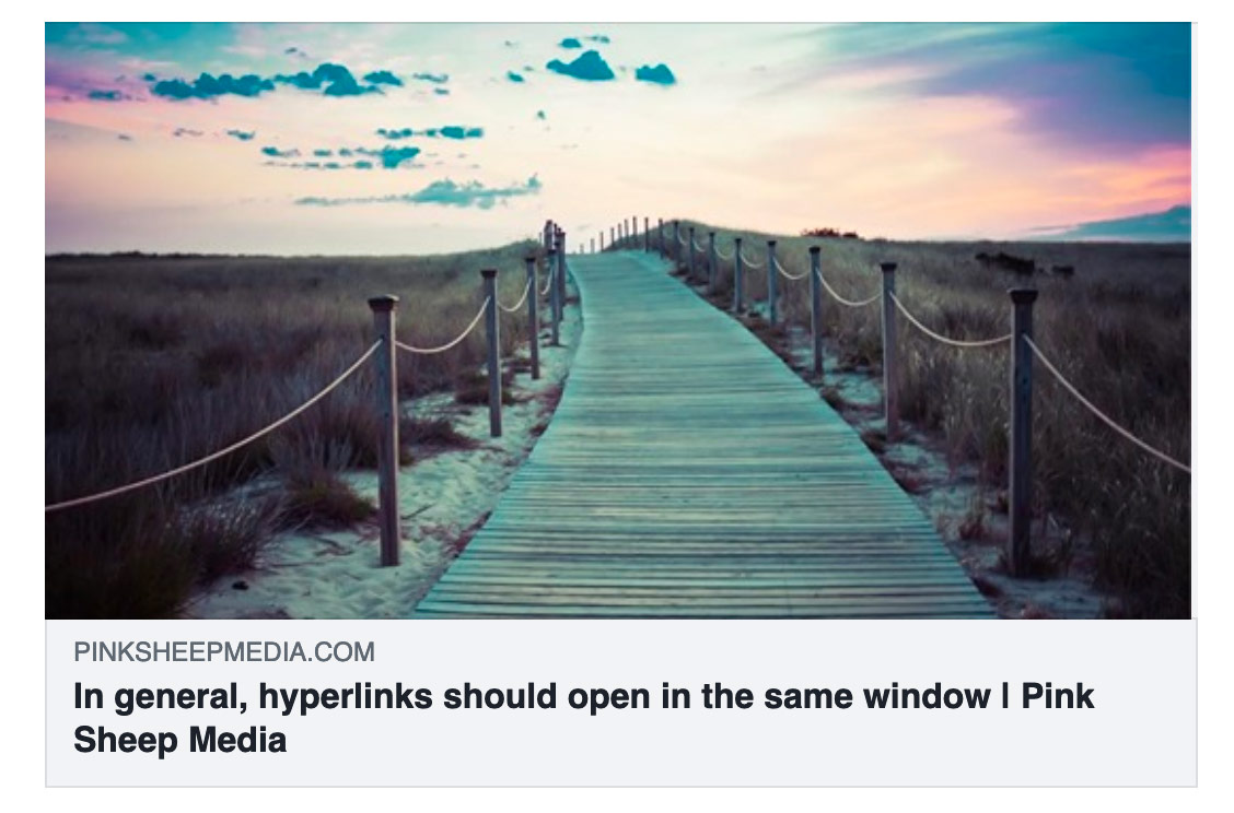 Facebook share card for an article: In general, hyperlinks should open in the same window.