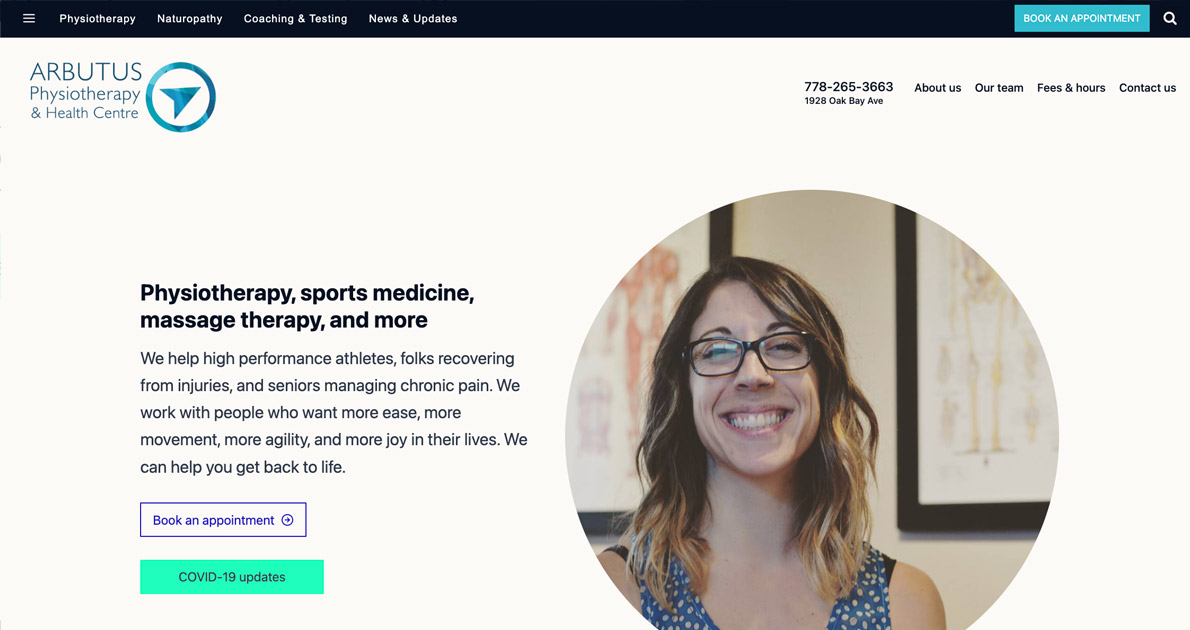 Screenshot of the Arbutus Physiotherapy and Health Centre website homepage with photos and text layout.