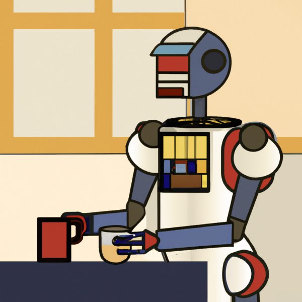 A robot drinks coffee at the office, while thinking about a project their working on.