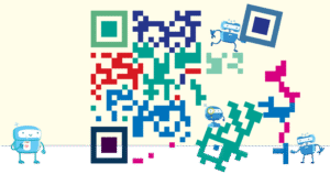 An illustration of tiny robots assembling, or possibly dissassembling, a colourful QR code.