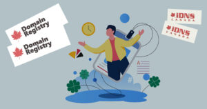 An illustration of a salesman with logos of predatory domain name registrars floating around.