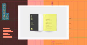 A graphically designed layout of a left and right page in a spread rests on top of a montage.