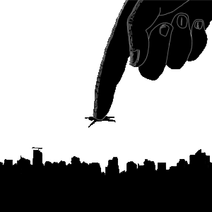 Illustration in black ink of a person flying or maybe falling with a city skyline in the background and a giant hand pointing down at them.