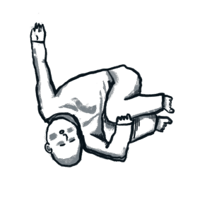 Illustration of a person on the ground with their hand up and hugging their knees.