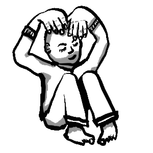 Illustrations of a person sitting on the ground in bear feet and rubbing their scalp to manage stress.