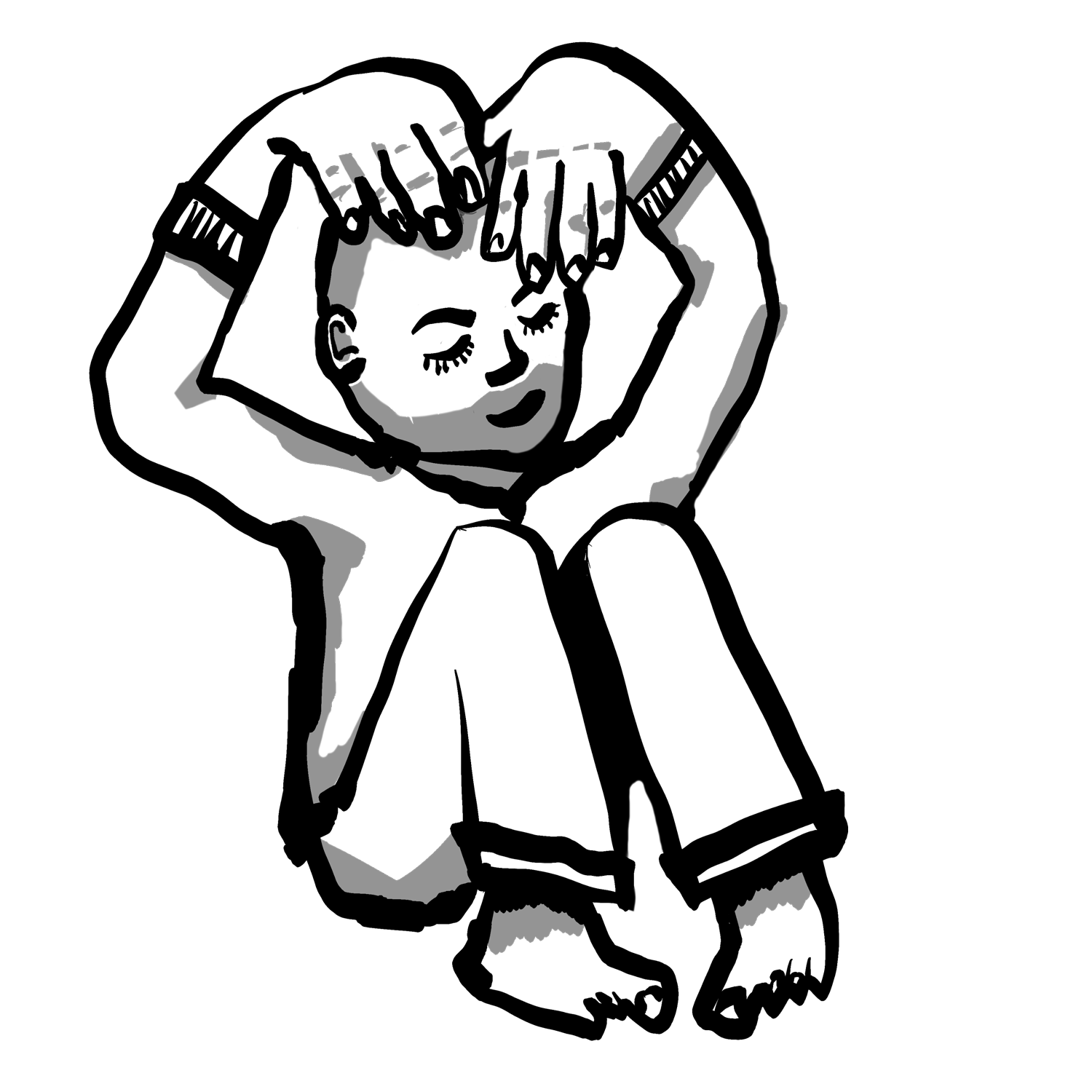 Illustrations of a person sitting on the ground in bear feet and rubbing their scalp to manage stress.