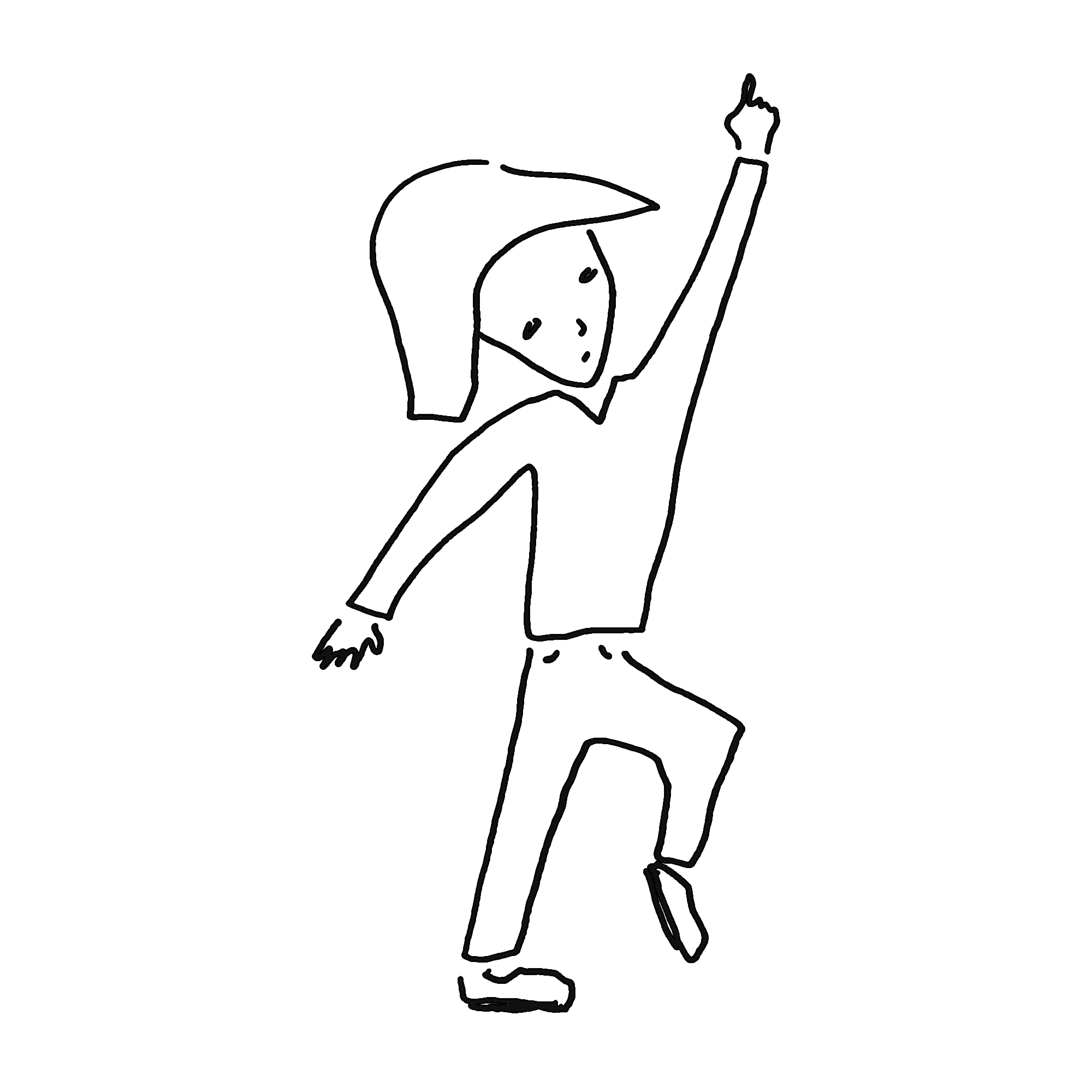 Black and white drawing of a person doing a little skip and pointing to the moon.