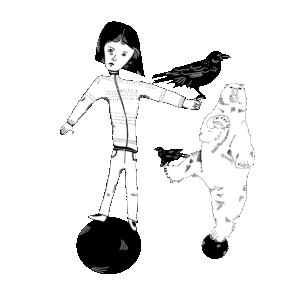 A human, two crows, and a bear all balance, maybe dancing, on two large black balls.