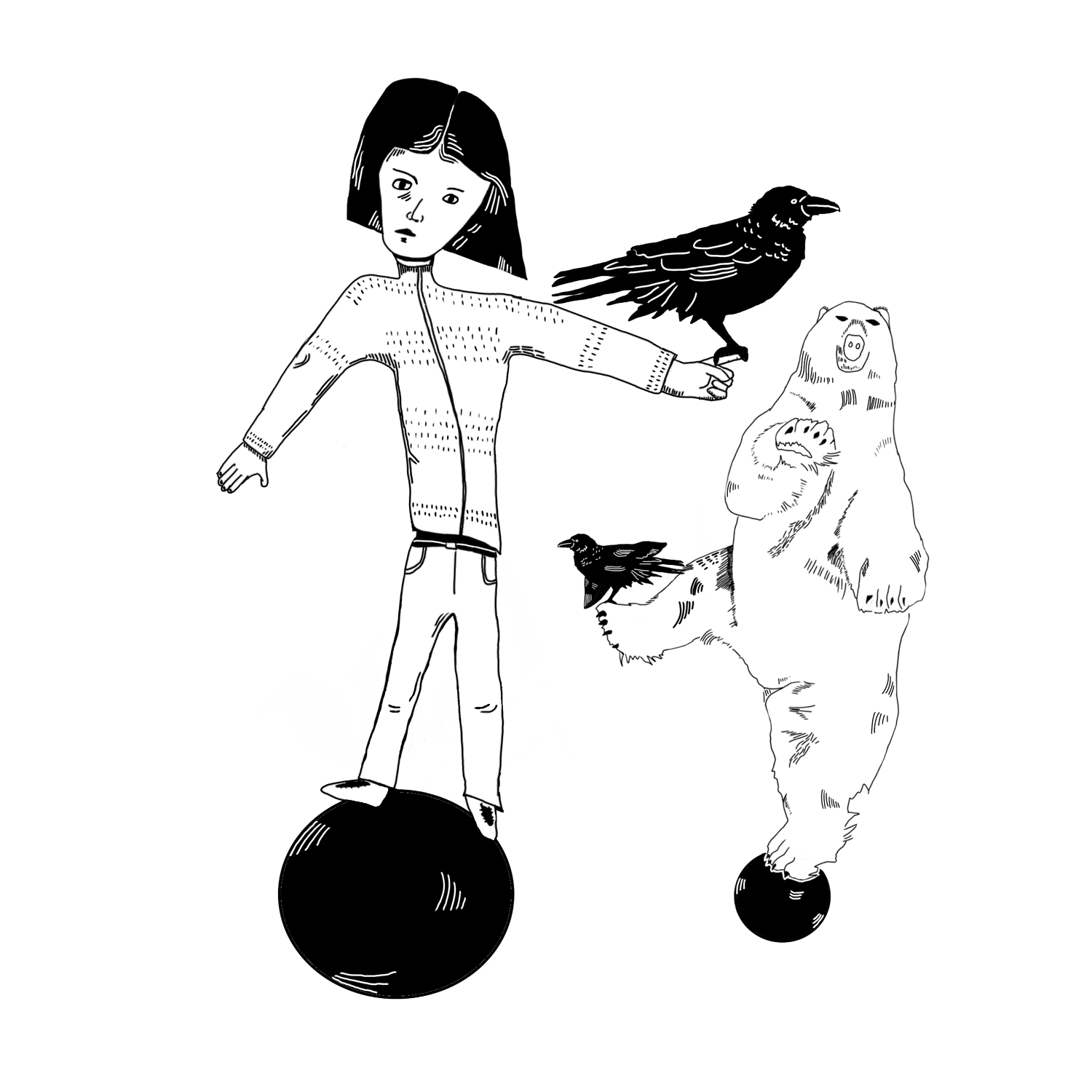 A human, two crows, and a bear all balance, maybe dancing, on two large black balls.