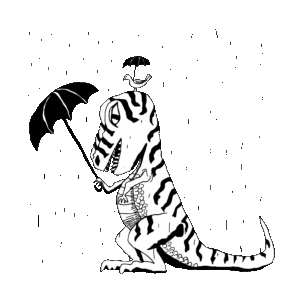 Illustration of a little bird with an umbrella standing on the head of a large dinosaur who also has an umbrella.